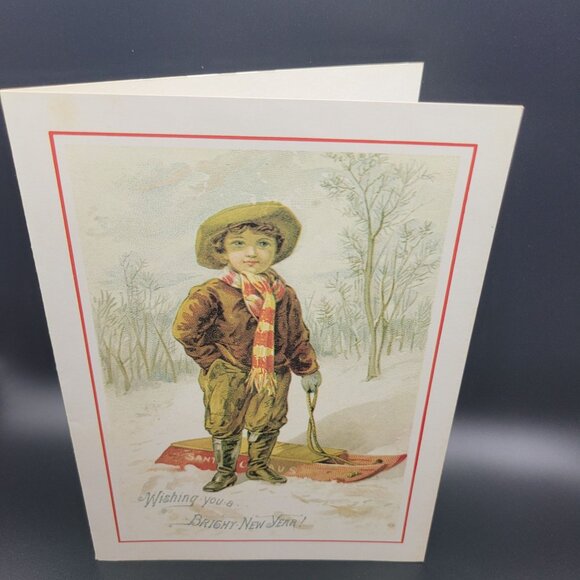 Vintage "Wishing You A Bright New Year" Greeting Card Little Boy Winter Unused - Picture 1 of 7